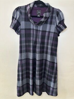 JH Plaid Cowl Neck Short Sleeve Dress in Gray & Purple